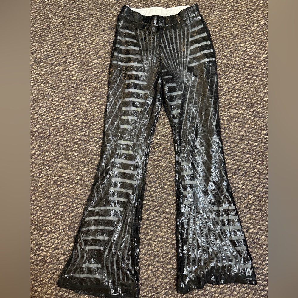 Black Sequin Flare Pants M | High Waist Sparkly Party Trousers
